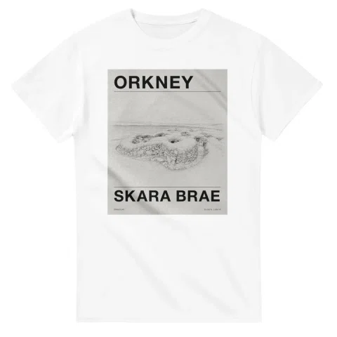 Fine-line engraving-style drawing for Orkney, with a landmark caption and small coordinate text.