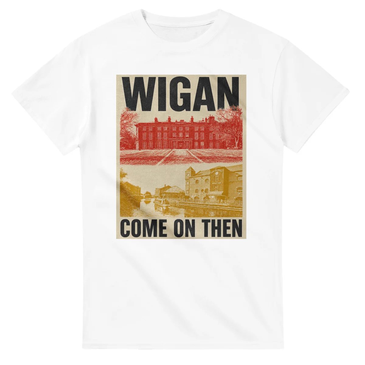 Two-colour scenic illustration for Wigan, with the place name and COME ON THEN lettering.