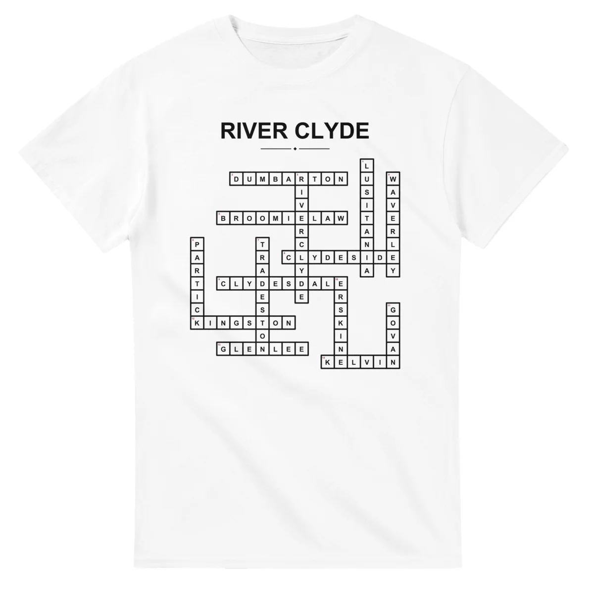Monochrome crossword sheet for River Clyde, with a large place-name heading, a letter grid, and numbered across and down clues.