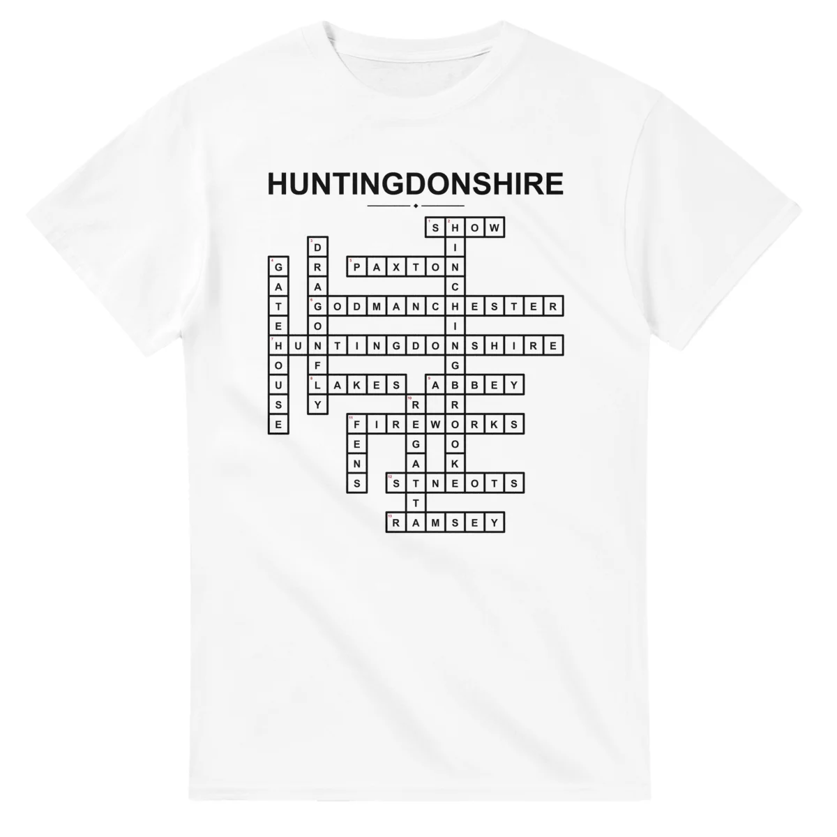 Monochrome crossword sheet for Huntingdonshire, with a large place-name heading, a letter grid, and numbered across and down clues.