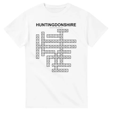 Monochrome crossword sheet for Huntingdonshire, with a large place-name heading, a letter grid, and numbered across and down clues.