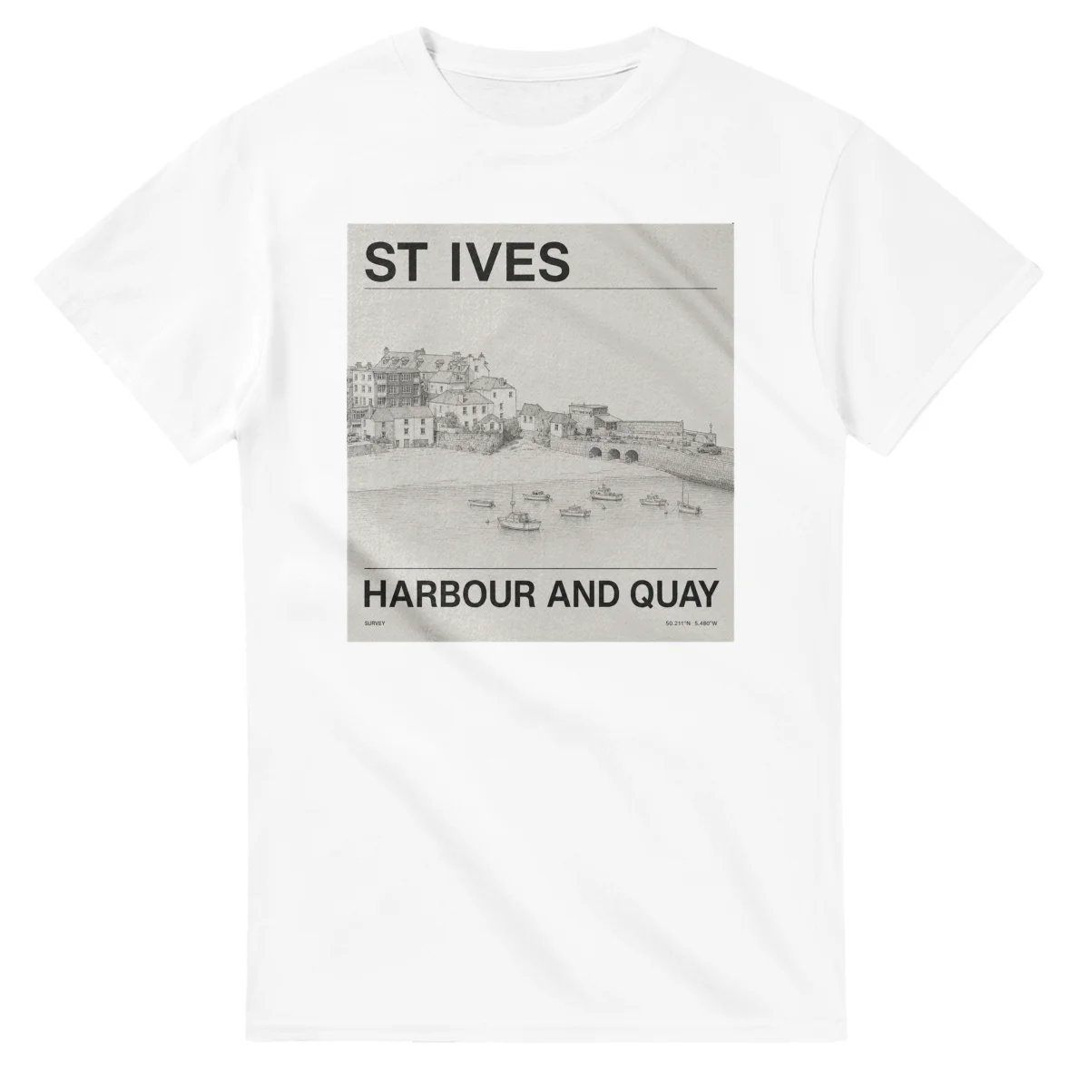 Fine-line engraving-style drawing for St Ives, with a landmark caption and small coordinate text.