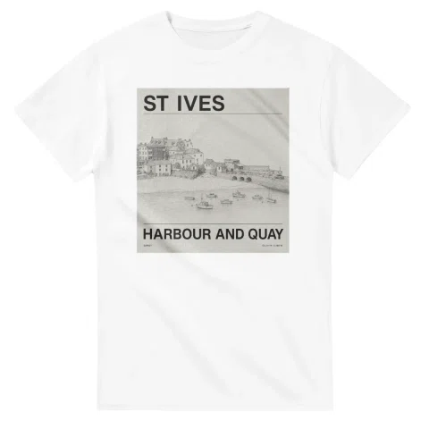 Fine-line engraving-style drawing for St Ives, with a landmark caption and small coordinate text.