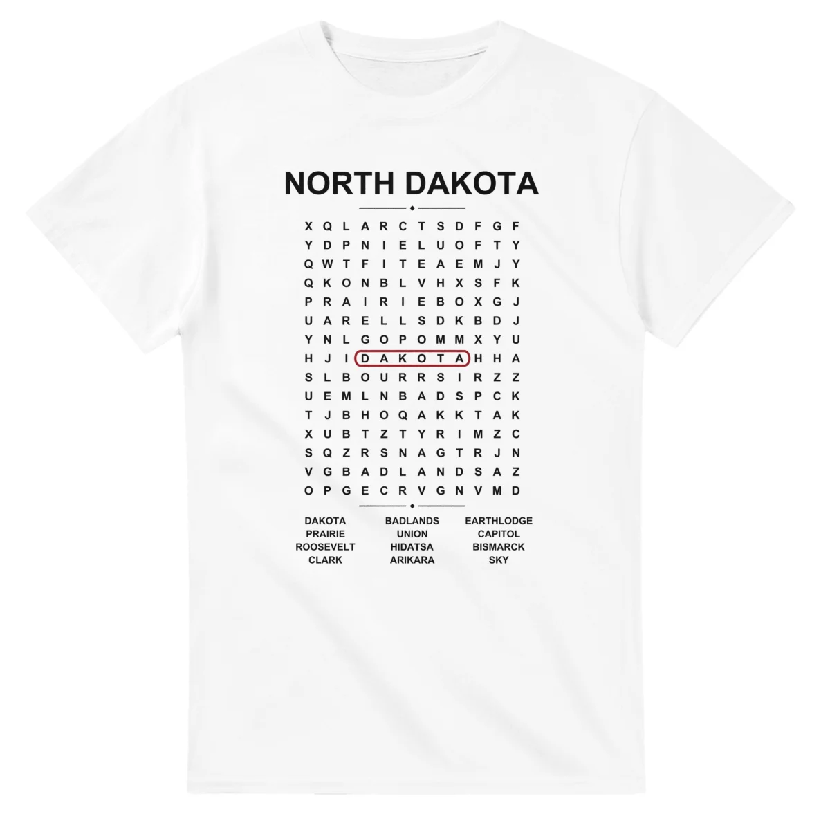 Word-search sheet for North Dakota, with a large place-name heading, a letter grid, a local answer list, and a red highlighted example word.