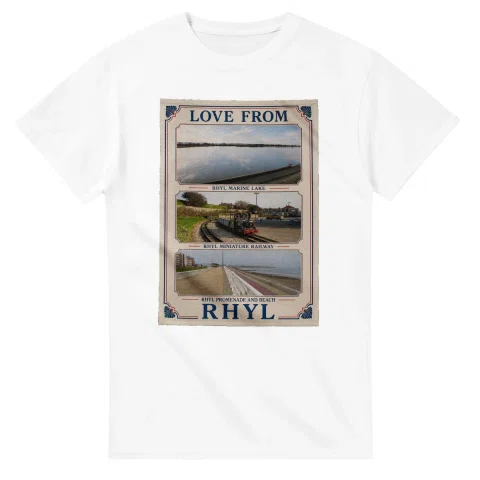 Framed scenic design for Rhyl, with several local views, a decorative border and LOVE FROM lettering.