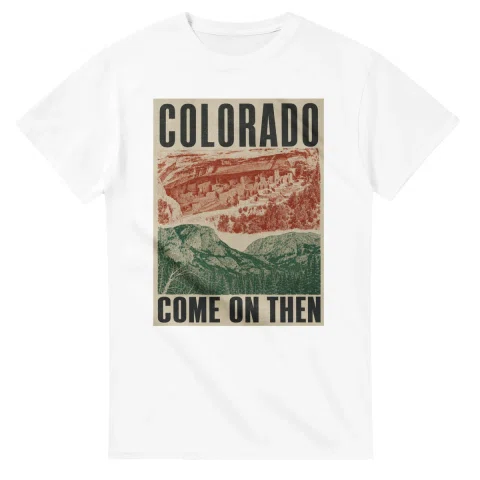 Two-colour scenic illustration for Colorado, with the place name and COME ON THEN lettering.