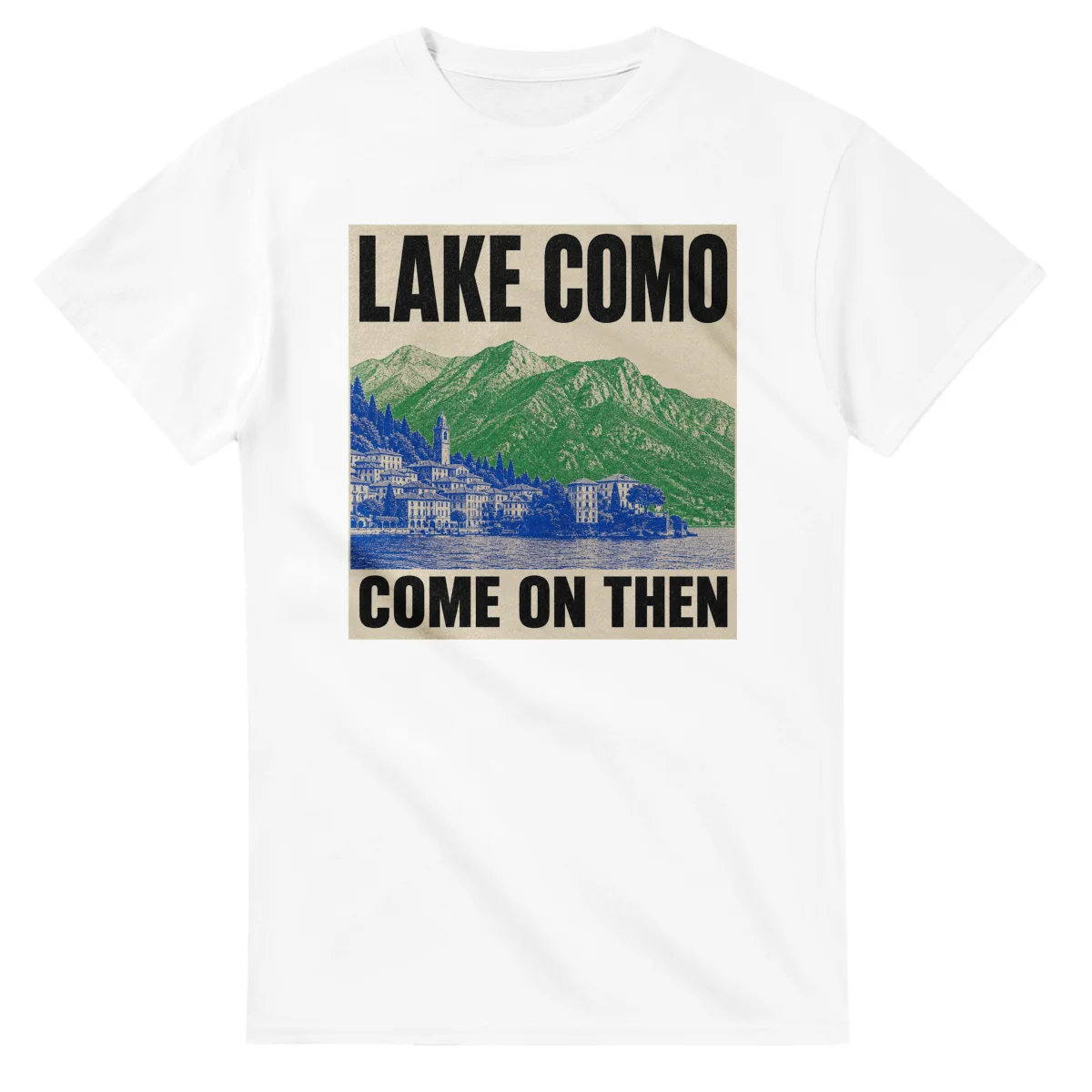 Two-colour scenic illustration for Lake Como, with the place name and COME ON THEN lettering.