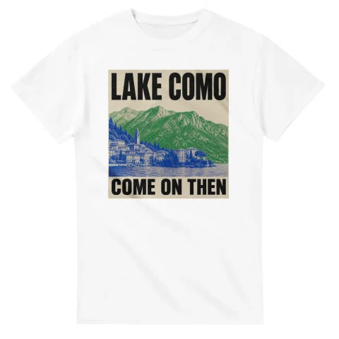 Two-colour scenic illustration for Lake Como, with the place name and COME ON THEN lettering.