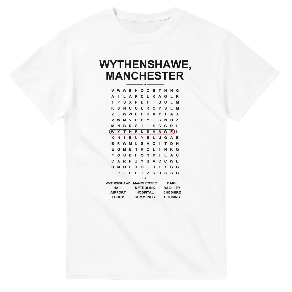 Word-search sheet for Wythenshawe, with a large place-name heading, a letter grid, a local answer list, and a red highlighted example word.
