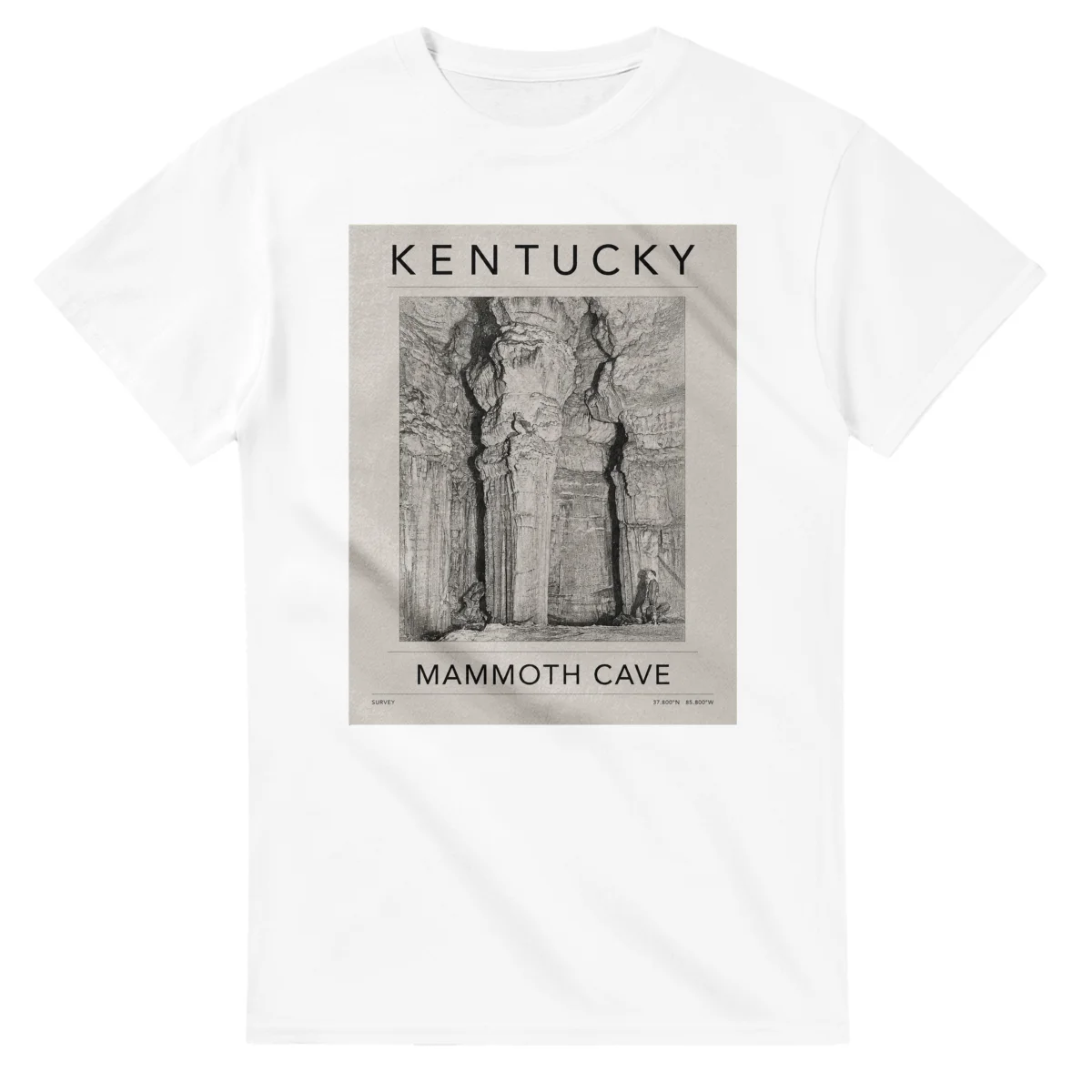 Fine-line engraving-style drawing for Kentucky, with a landmark caption and small coordinate text.