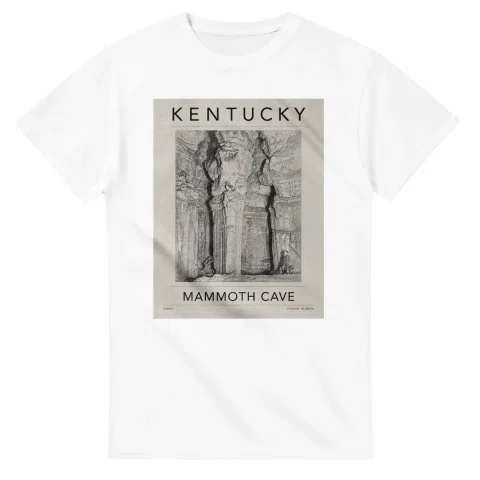 Fine-line engraving-style drawing for Kentucky, with a landmark caption and small coordinate text.