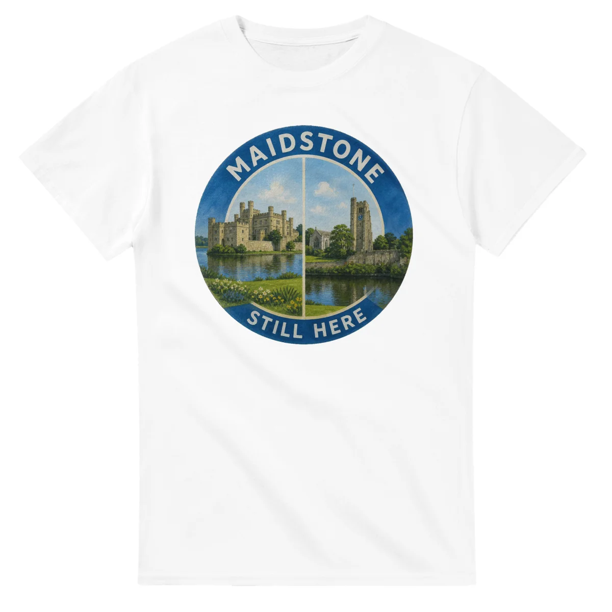 Painted, panelled scenic illustration for Maidstone, with paired local scenes and the place name in lettering.