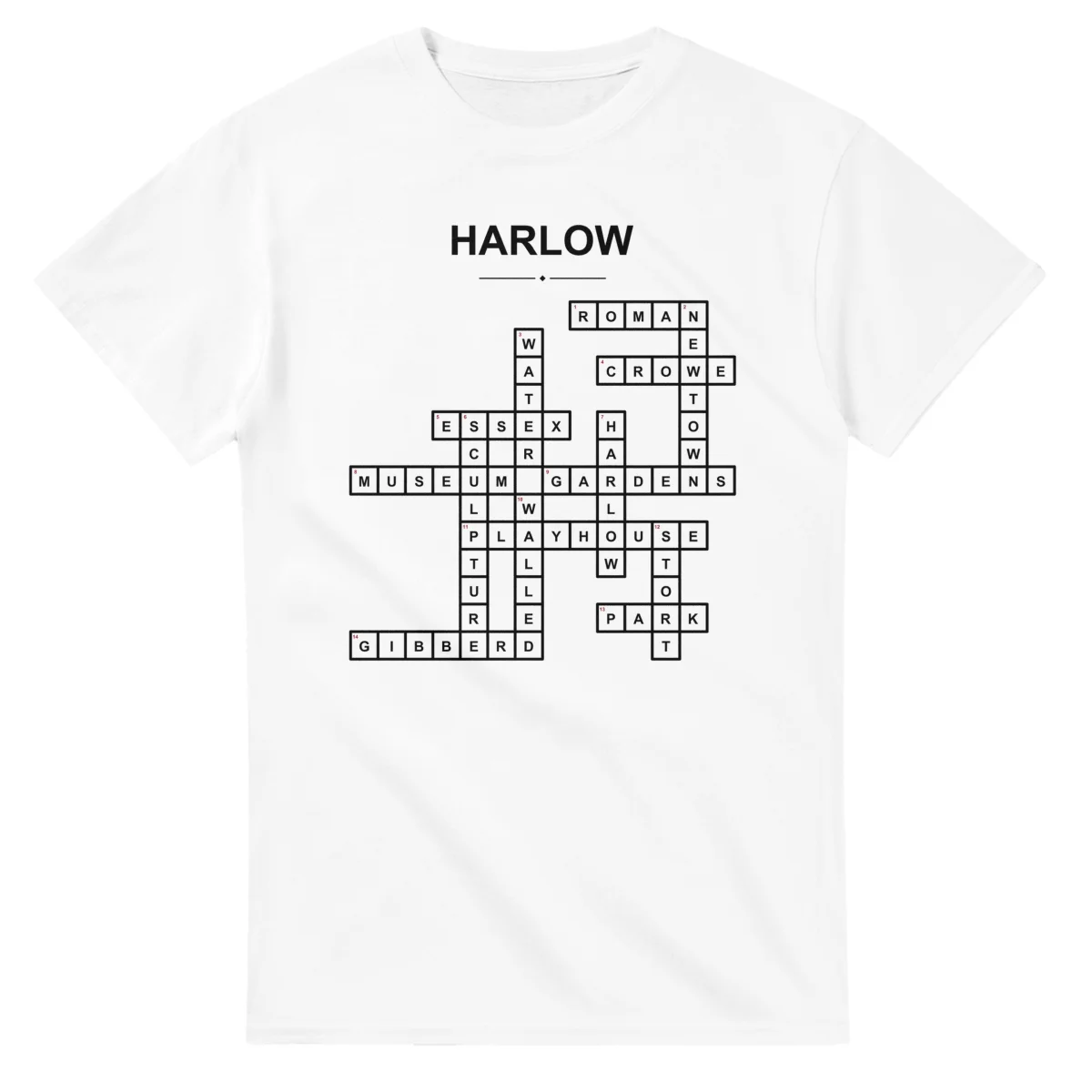 Monochrome crossword sheet for Harlow, with a large place-name heading, a letter grid, and numbered across and down clues.
