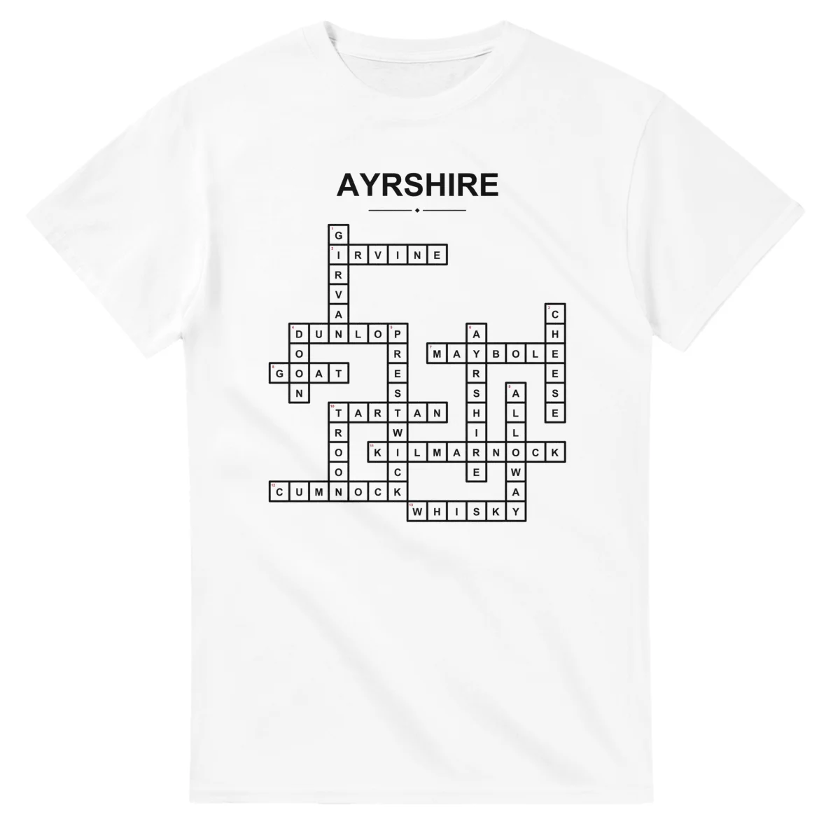 Monochrome crossword sheet for Ayrshire, with a large place-name heading, a letter grid, and numbered across and down clues.