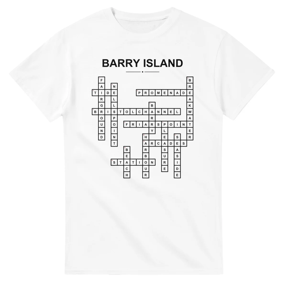 Monochrome crossword sheet for Barry Island, with a large place-name heading, a letter grid, and numbered across and down clues.
