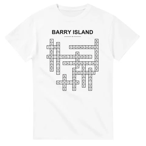 Monochrome crossword sheet for Barry Island, with a large place-name heading, a letter grid, and numbered across and down clues.