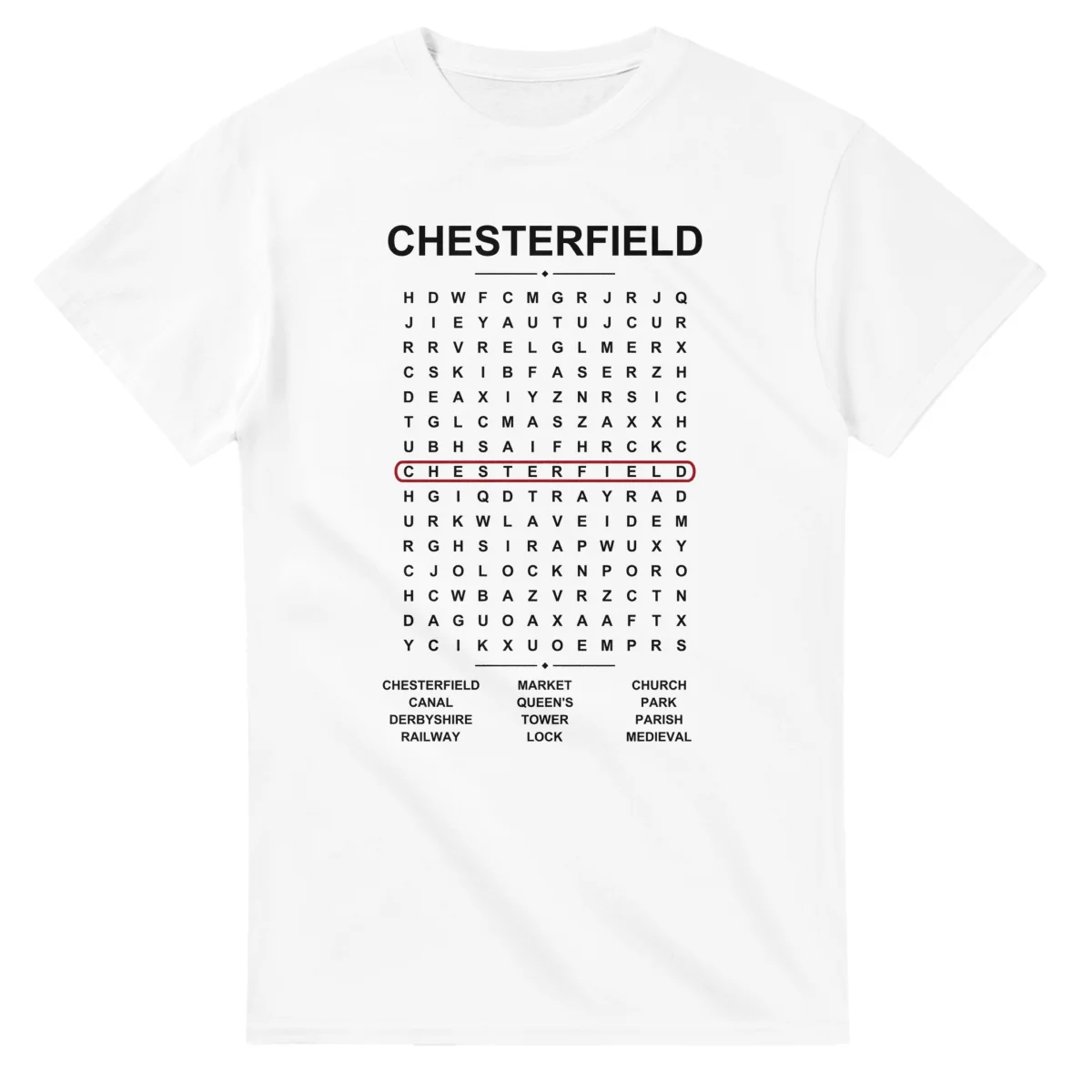 Word-search sheet for Chesterfield, with a large place-name heading, a letter grid, a local answer list, and a red highlighted example word.
