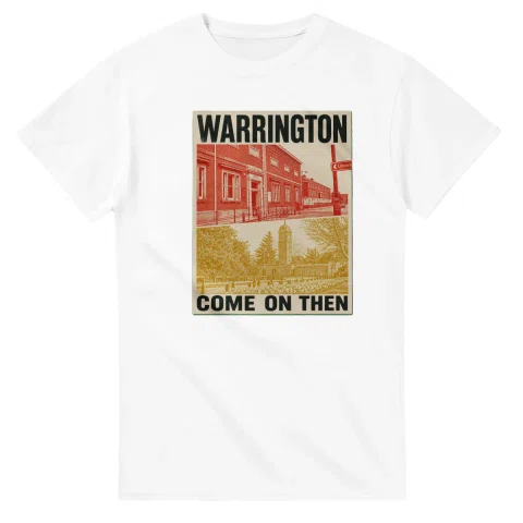 Two-colour scenic illustration for Warrington, with the place name and COME ON THEN lettering.