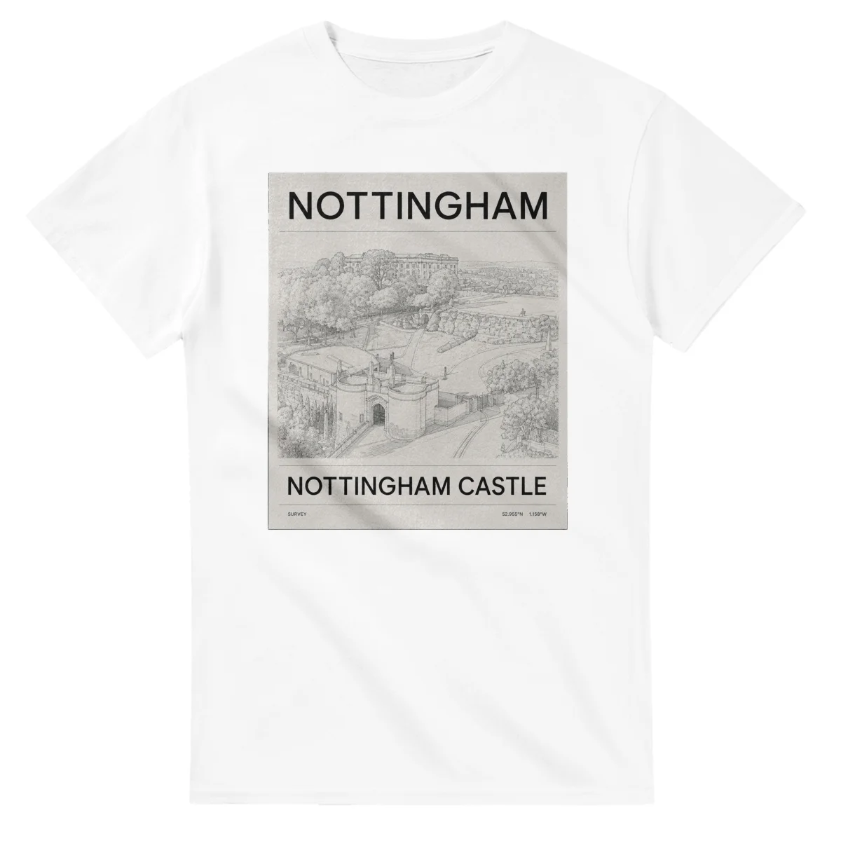 Fine-line engraving-style drawing for Nottingham, with a landmark caption and small coordinate text.