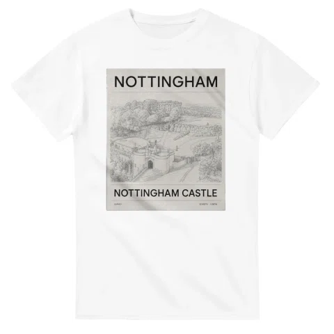 Fine-line engraving-style drawing for Nottingham, with a landmark caption and small coordinate text.