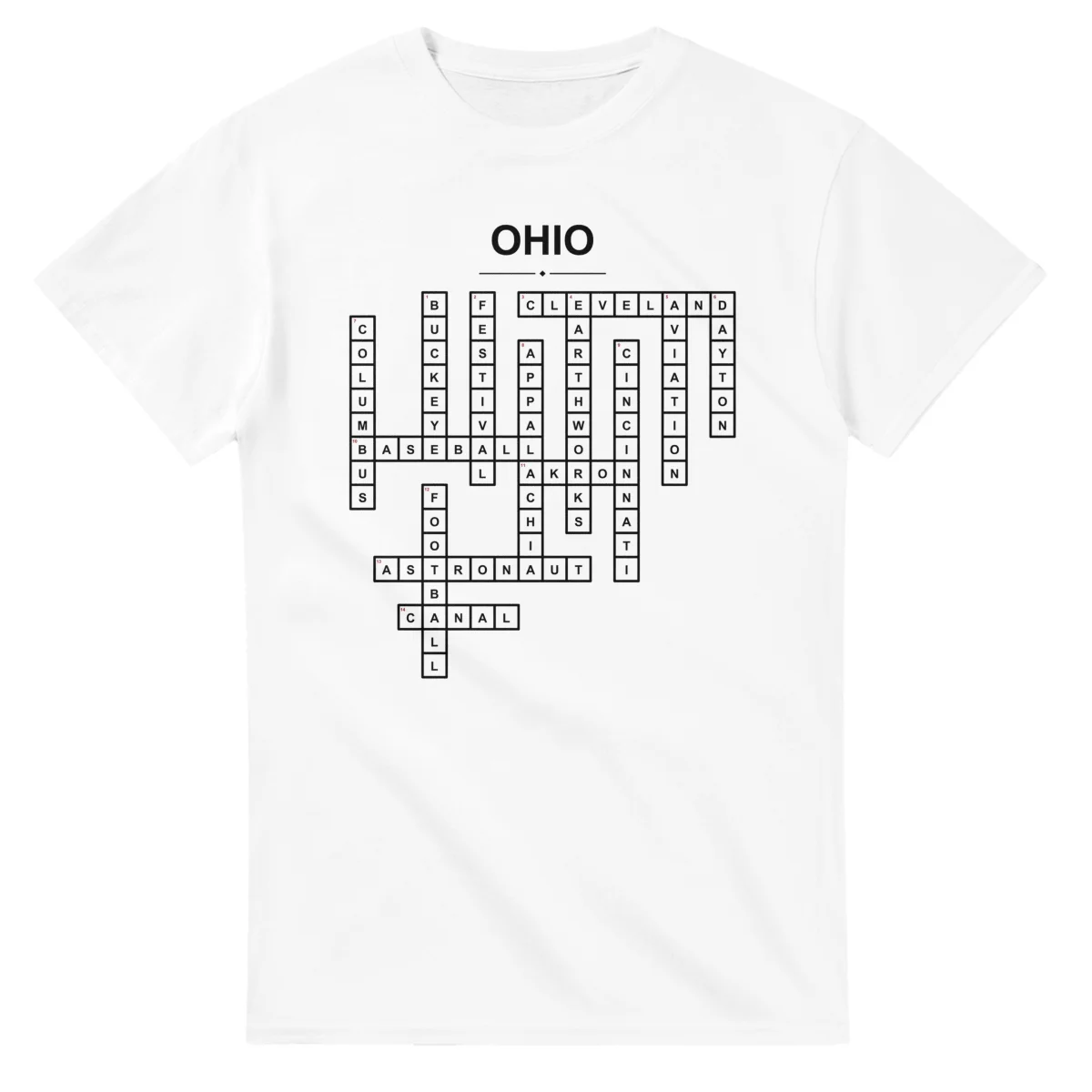 Monochrome crossword sheet for Ohio, with a large place-name heading, a letter grid, and numbered across and down clues.