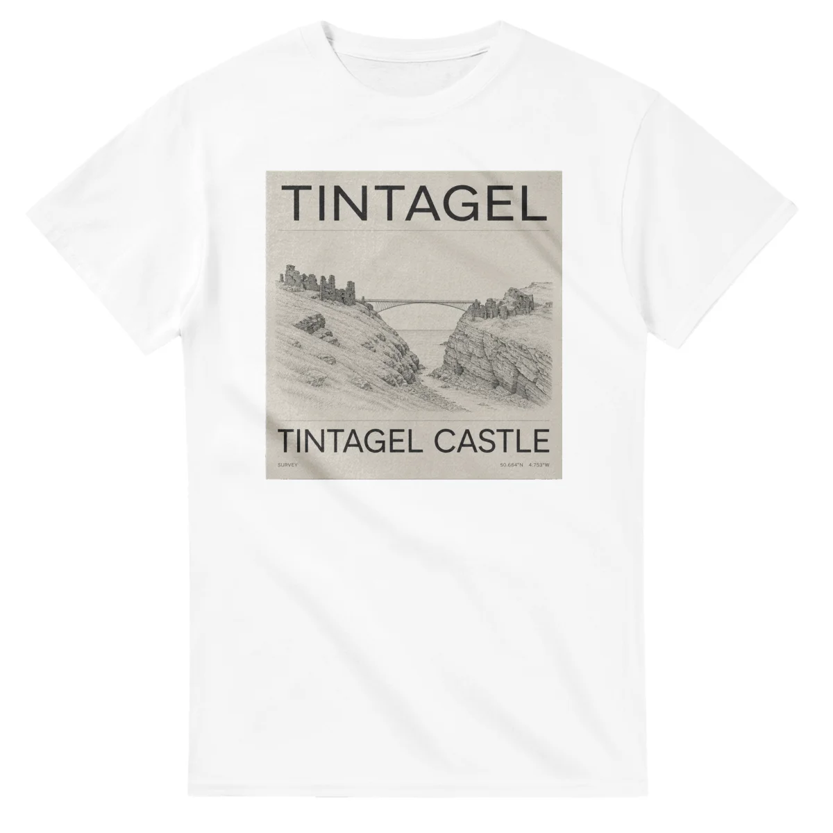 Fine-line engraving-style drawing for Tintagel, with a landmark caption and small coordinate text.