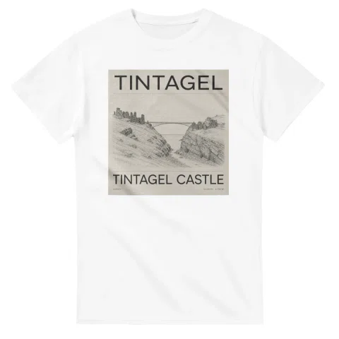 Fine-line engraving-style drawing for Tintagel, with a landmark caption and small coordinate text.