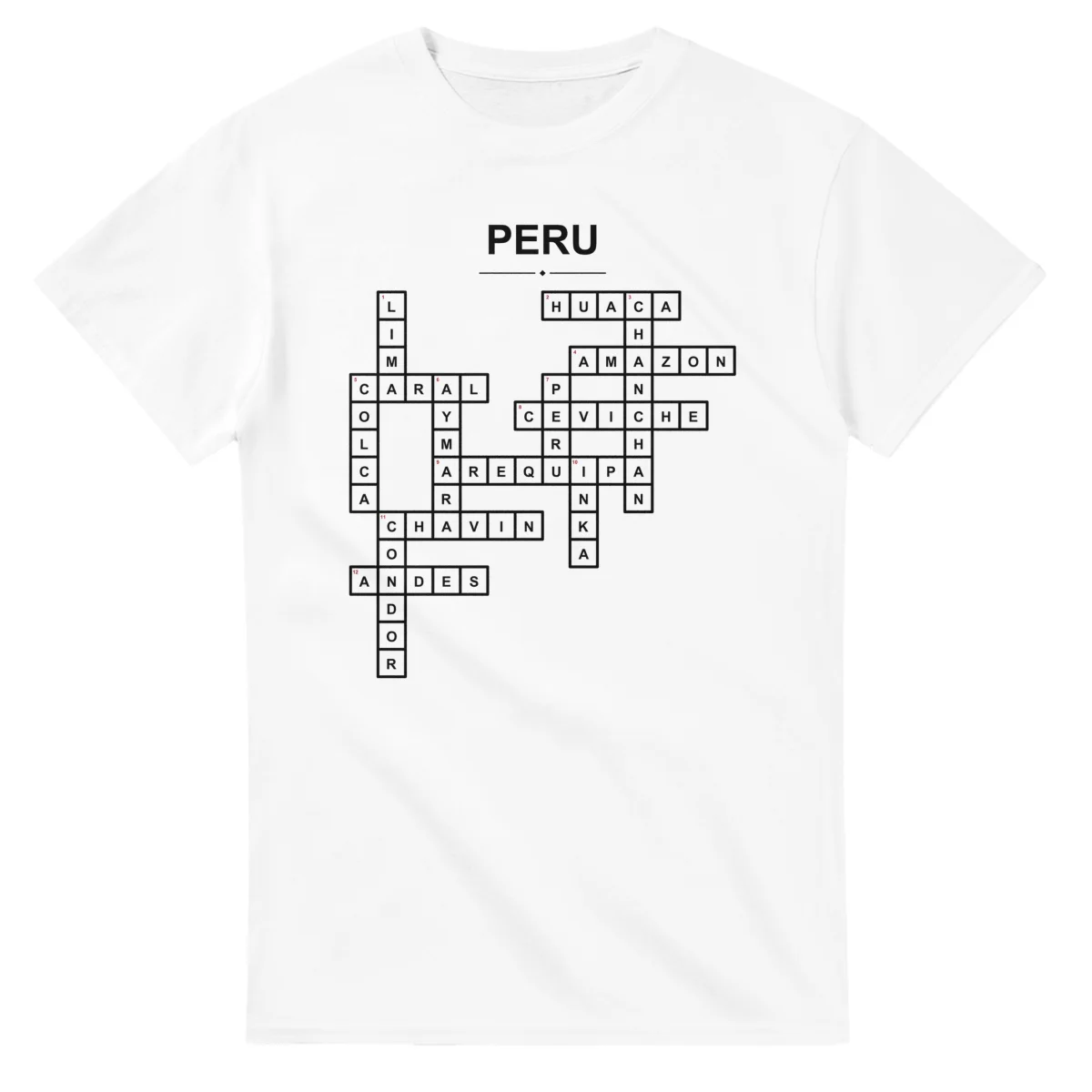 Monochrome crossword sheet for Peru, with a large place-name heading, a letter grid, and numbered across and down clues.