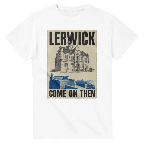 Two-colour scenic illustration for Lerwick, with the place name and COME ON THEN lettering.
