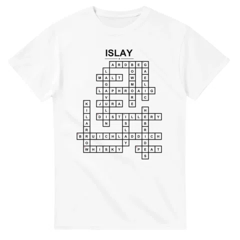 Monochrome crossword sheet for Islay, with a large place-name heading, a letter grid, and numbered across and down clues.