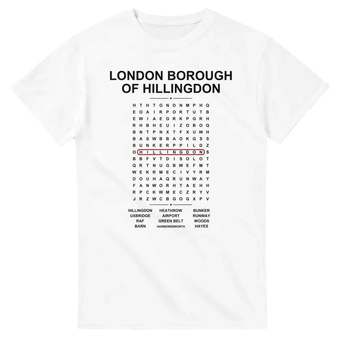 Word-search sheet for London Borough of Hillingdon, with a large place-name heading, a letter grid, a local answer list, and a red highlighted example word.