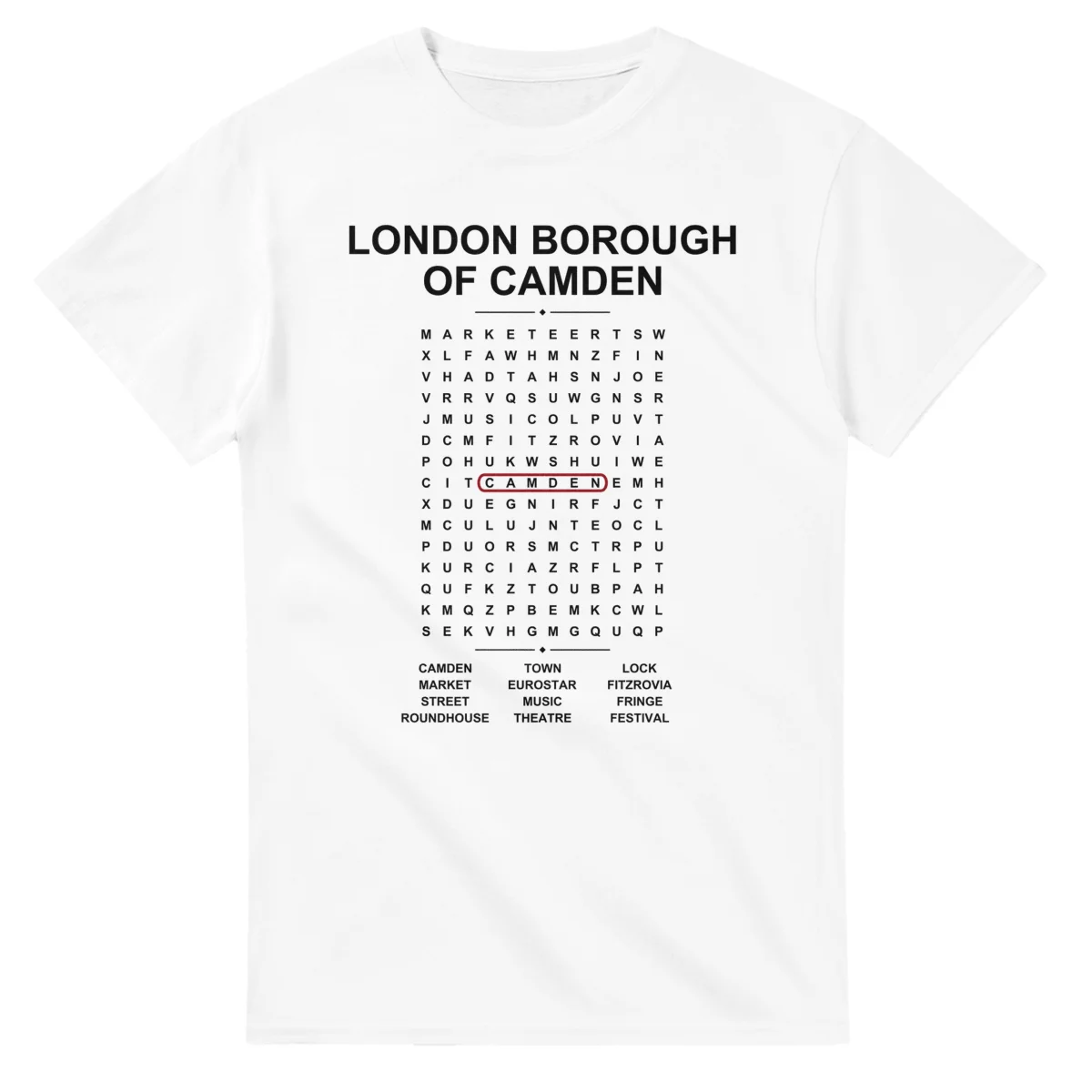 Word-search sheet for London Borough of Camden, with a large place-name heading, a letter grid, a local answer list, and a red highlighted example word.