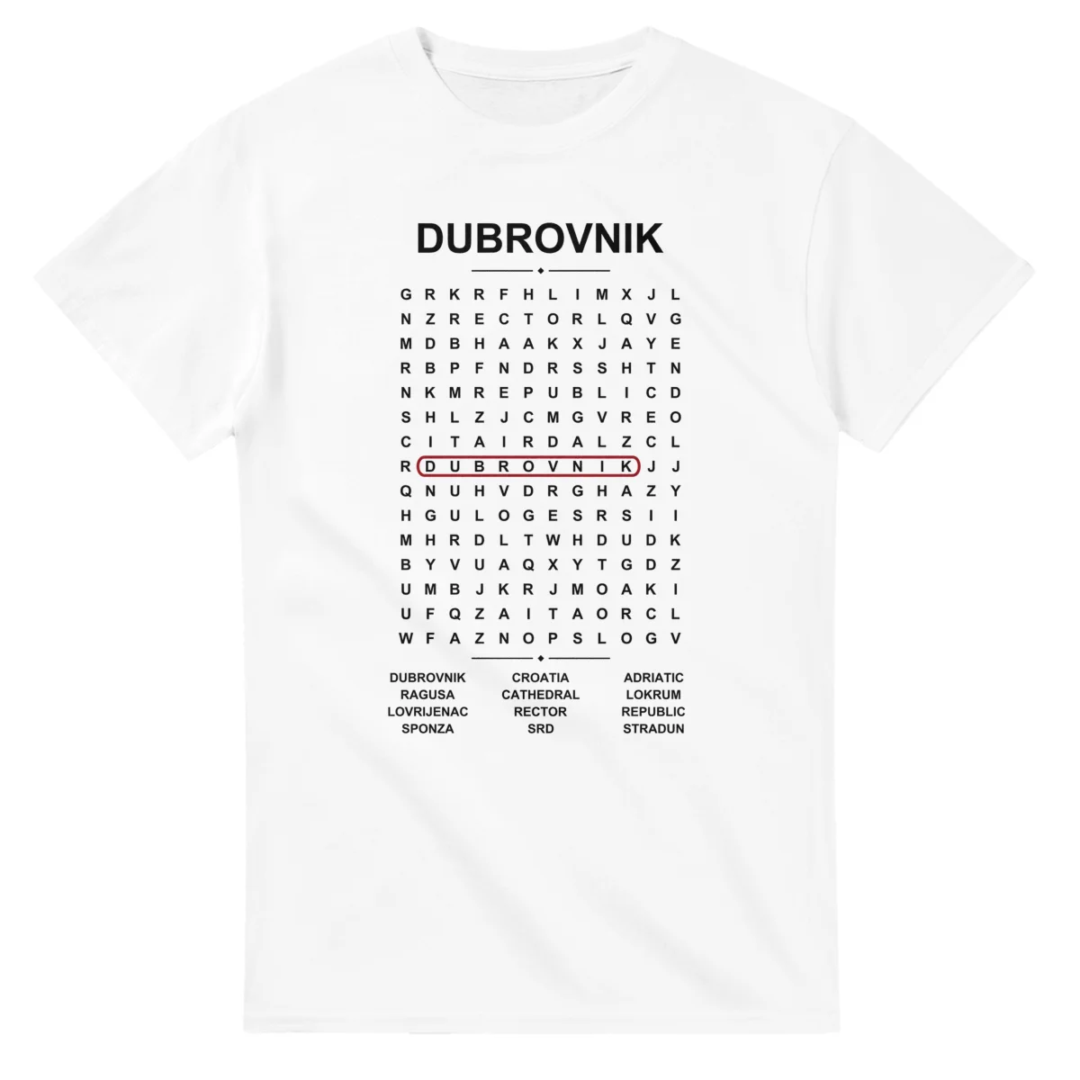Word-search sheet for Dubrovnik, with a large place-name heading, a letter grid, a local answer list, and a red highlighted example word.