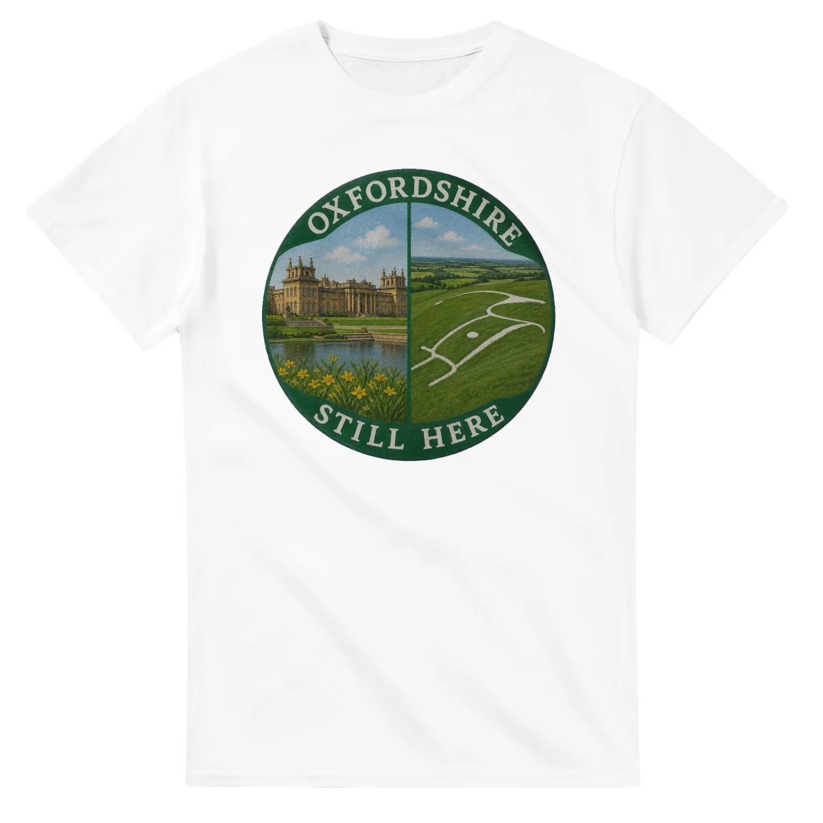 Painted, panelled scenic illustration for Oxfordshire, with paired local scenes and the place name in lettering.