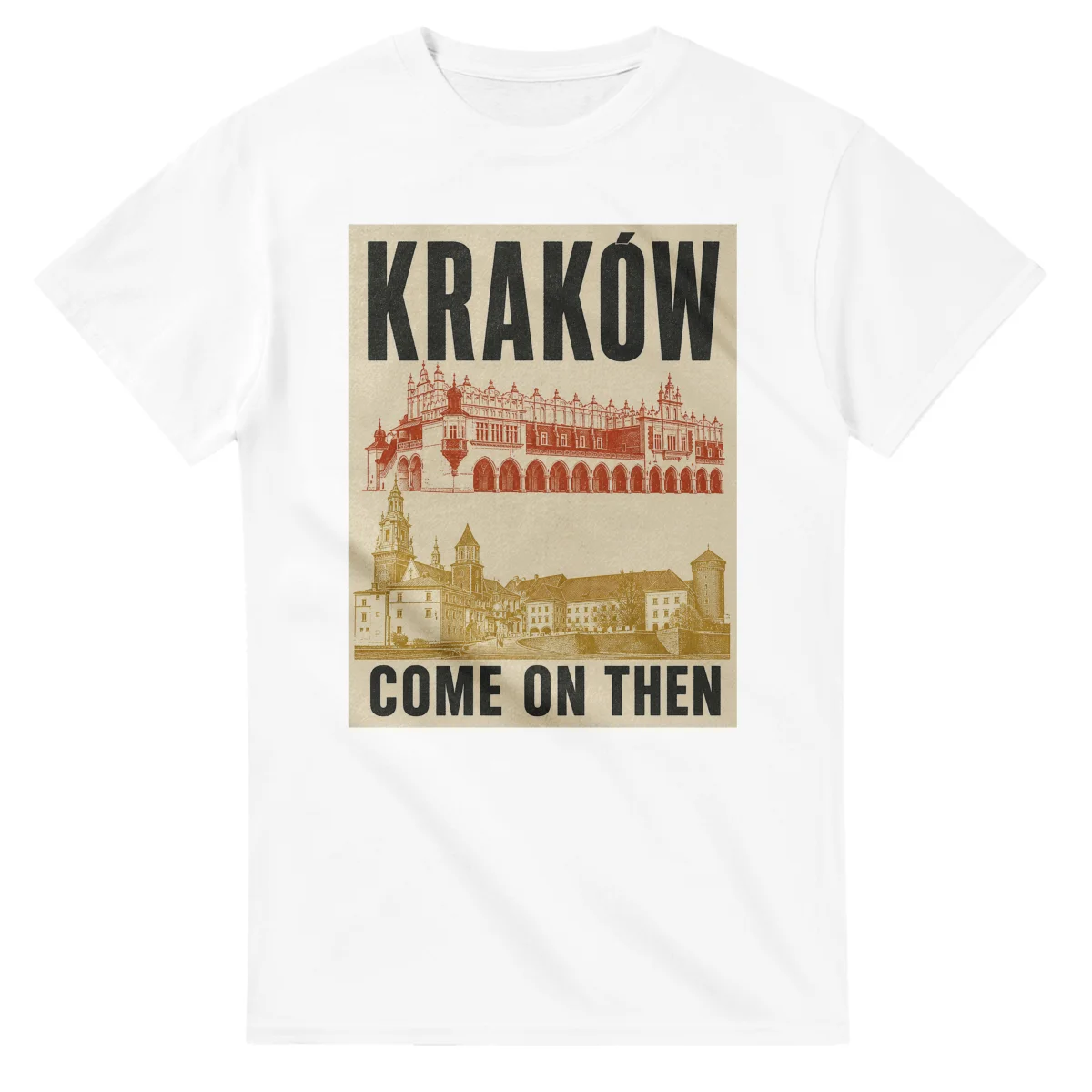 Two-colour scenic illustration for Kraków, with the place name and COME ON THEN lettering.