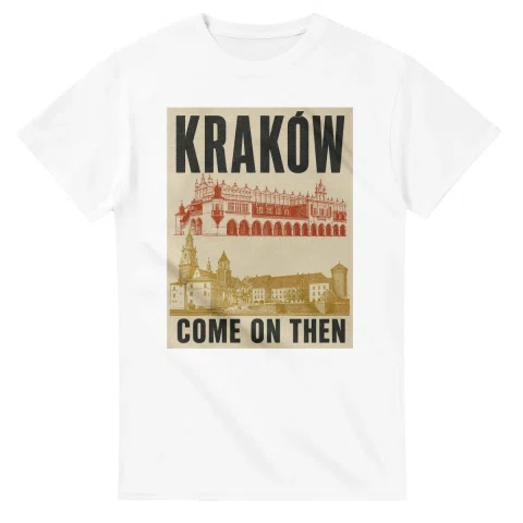 Two-colour scenic illustration for Kraków, with the place name and COME ON THEN lettering.