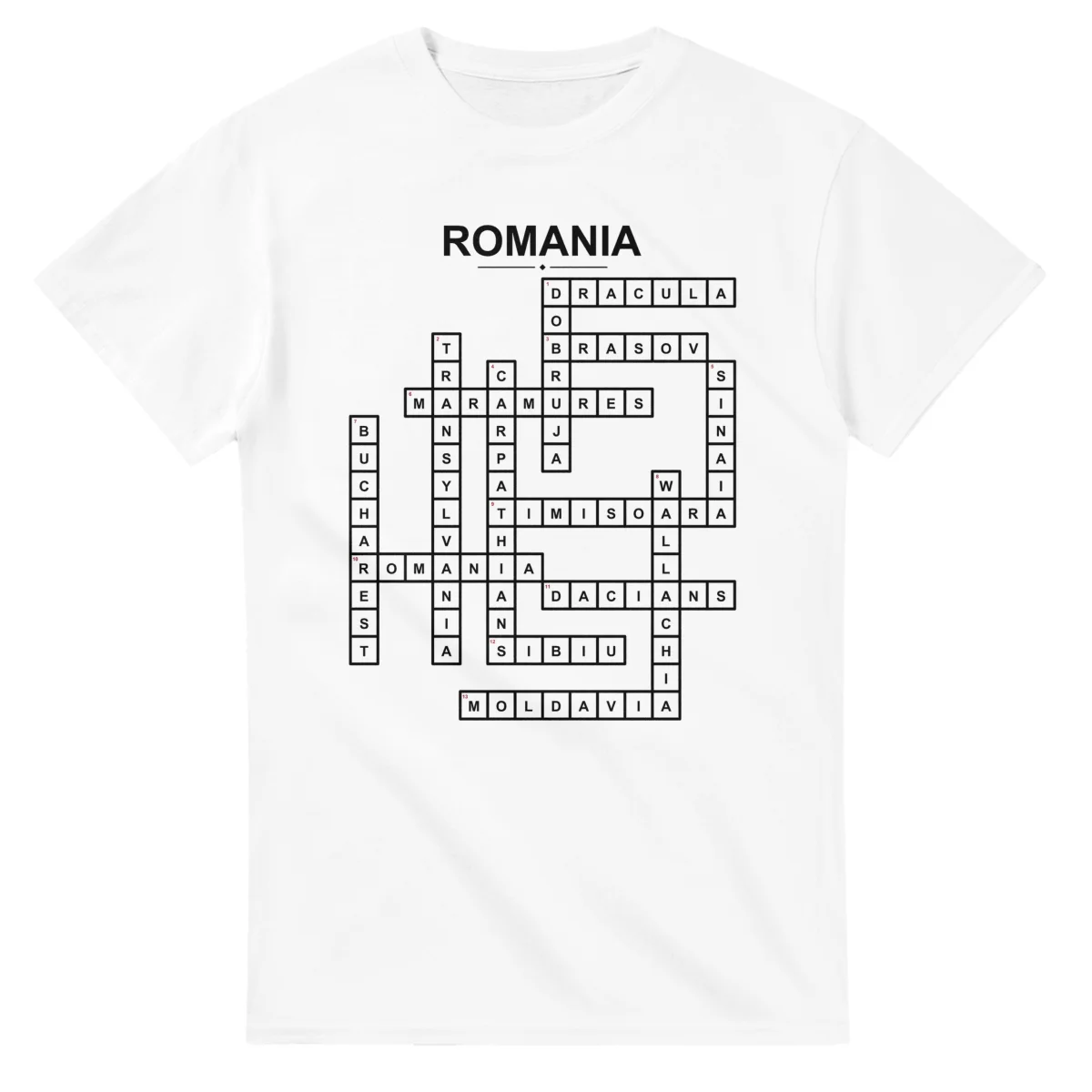 Monochrome crossword sheet for Romania, with a large place-name heading, a letter grid, and numbered across and down clues.