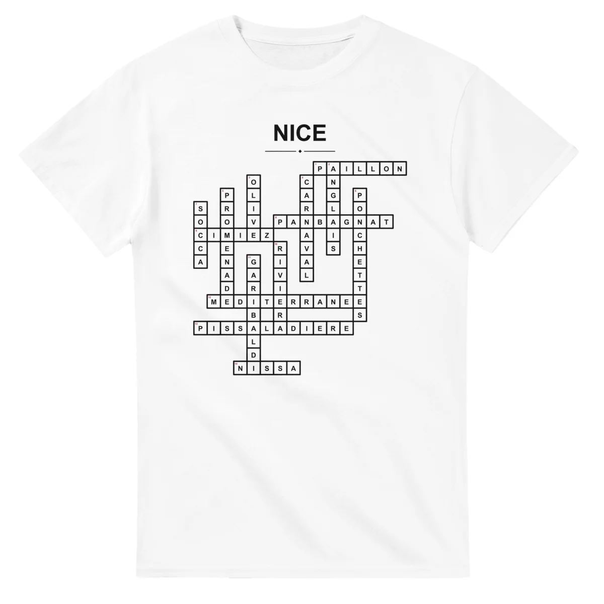 Monochrome crossword sheet for Nice, with a large place-name heading, a letter grid, and numbered across and down clues.