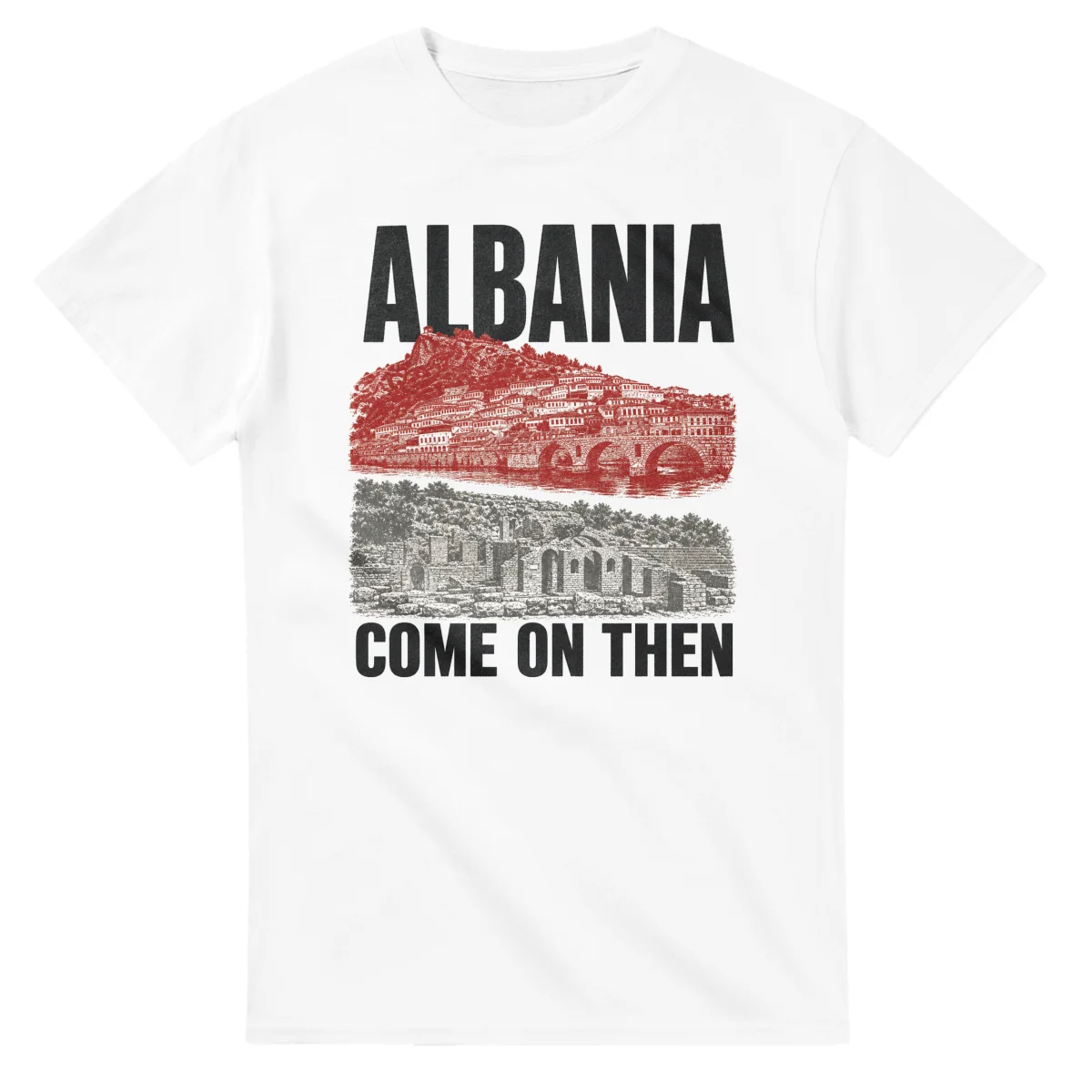 Two-colour scenic illustration for Albania, with the place name and COME ON THEN lettering.