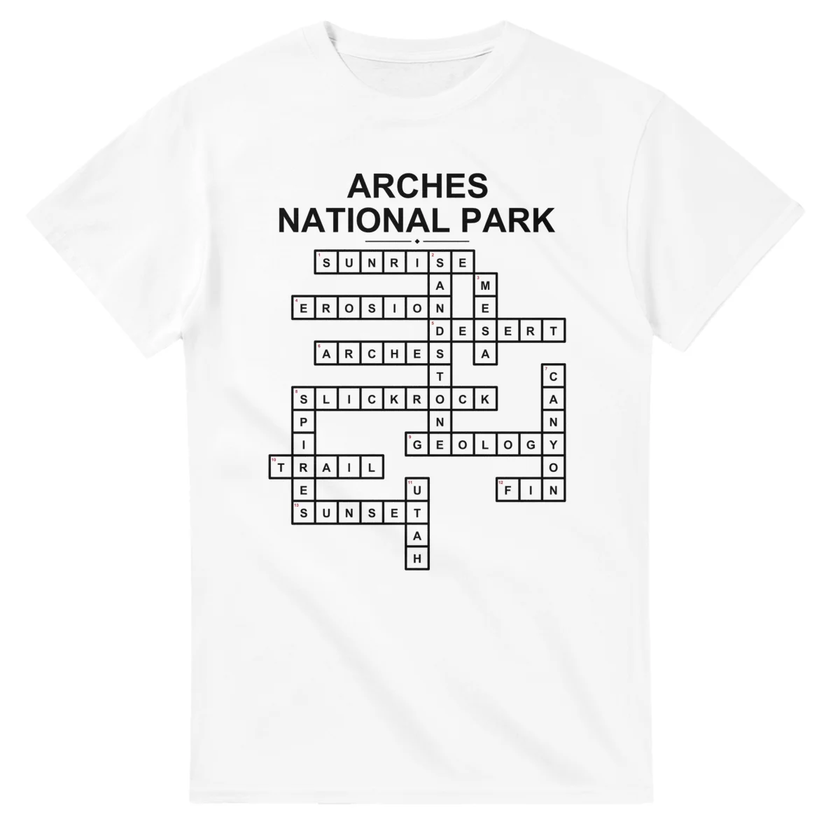 Monochrome crossword sheet for Arches National Park, with a large place-name heading, a letter grid, and numbered across and down clues.