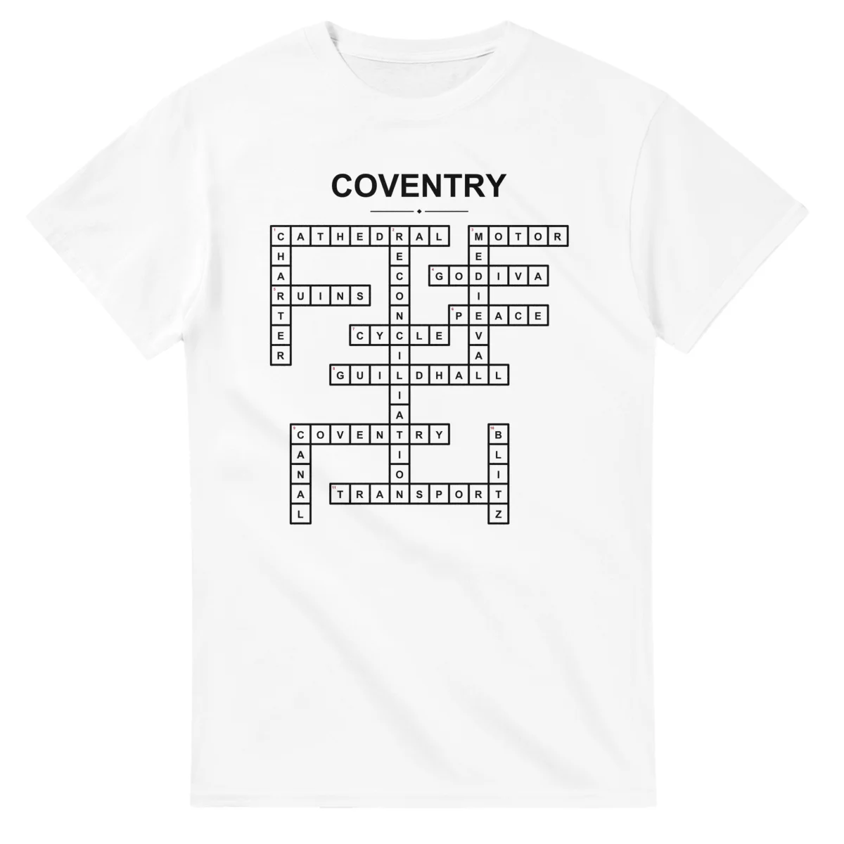 Monochrome crossword sheet for Coventry, with a large place-name heading, a letter grid, and numbered across and down clues.