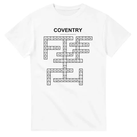 Monochrome crossword sheet for Coventry, with a large place-name heading, a letter grid, and numbered across and down clues.