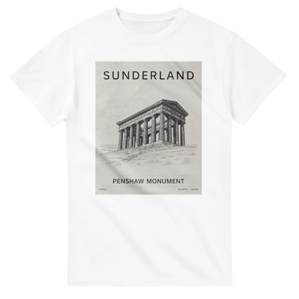 Fine-line engraving-style drawing for Sunderland, with a landmark caption and small coordinate text.
