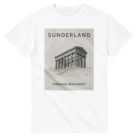 Fine-line engraving-style drawing for Sunderland, with a landmark caption and small coordinate text.