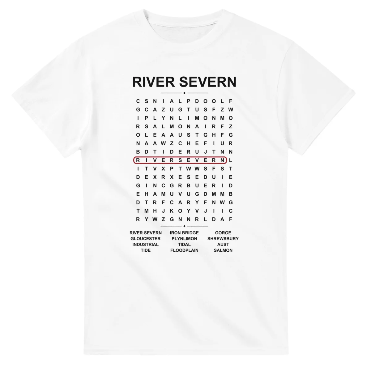 Word-search sheet for River Severn, with a large place-name heading, a letter grid, a local answer list, and a red highlighted example word.