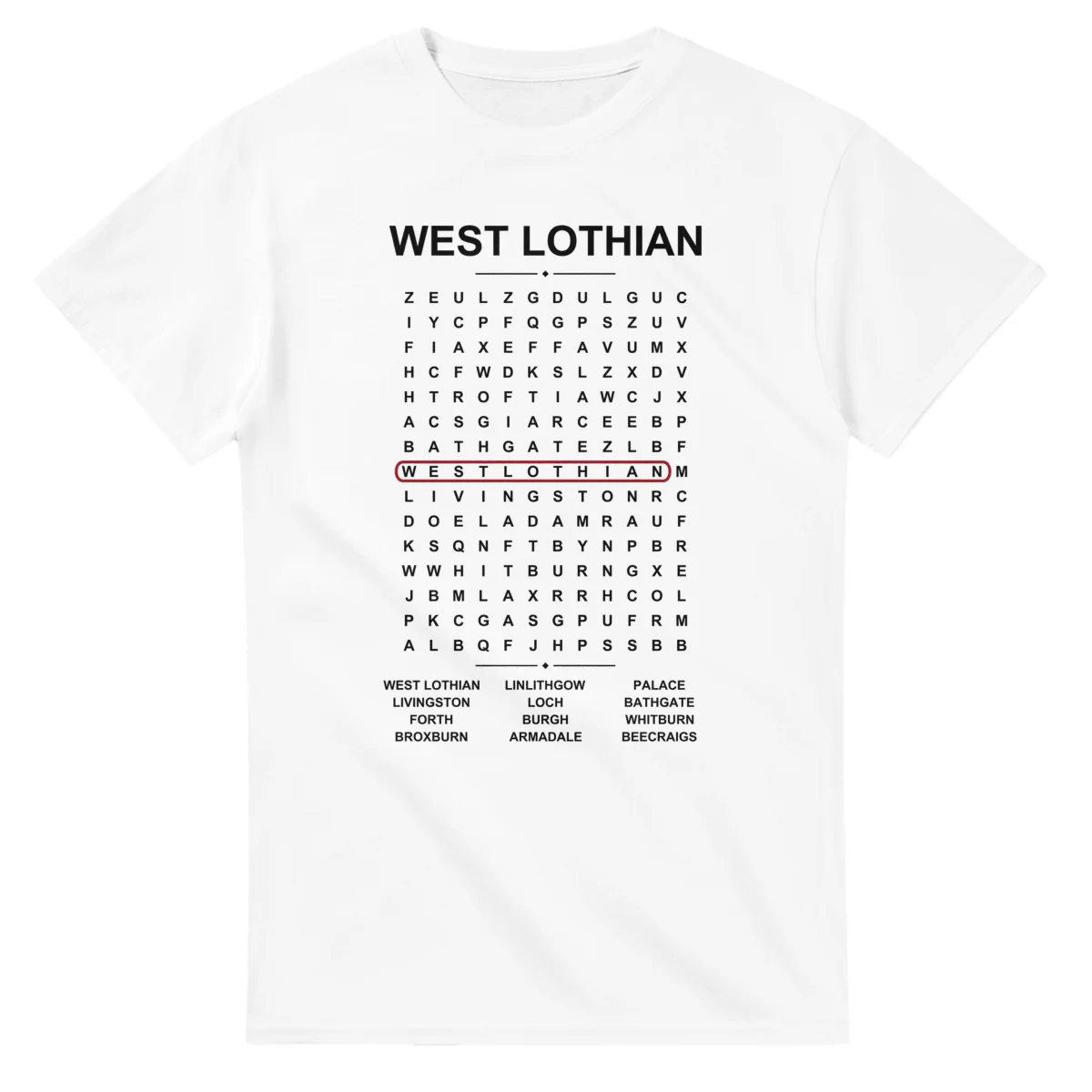 Word-search sheet for West Lothian, with a large place-name heading, a letter grid, a local answer list, and a red highlighted example word.
