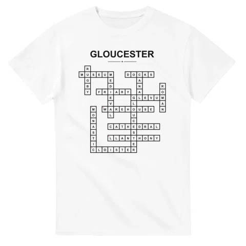 Monochrome crossword sheet for Gloucester, with a large place-name heading, a letter grid, and numbered across and down clues.
