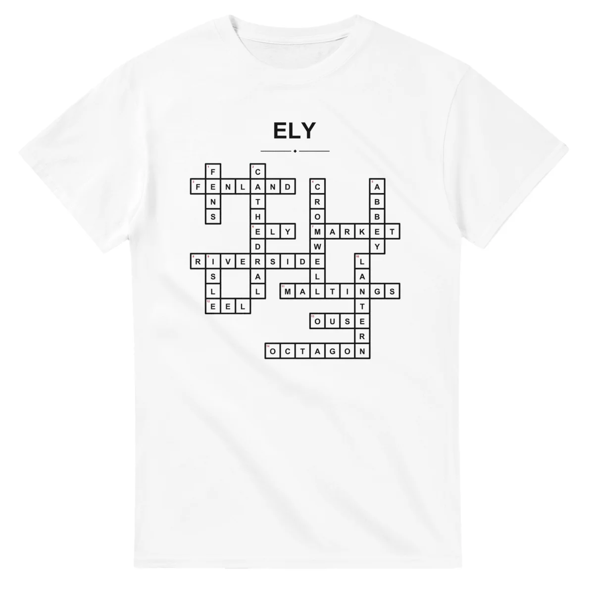 Monochrome crossword sheet for Ely, with a large place-name heading, a letter grid, and numbered across and down clues.