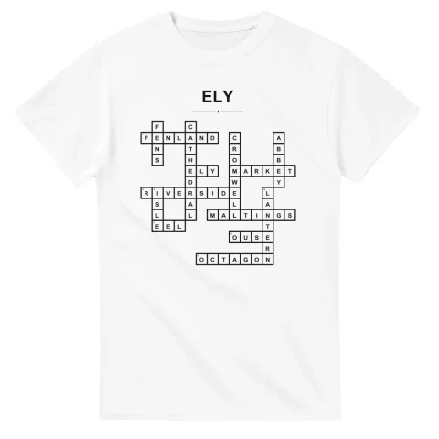 Monochrome crossword sheet for Ely, with a large place-name heading, a letter grid, and numbered across and down clues.