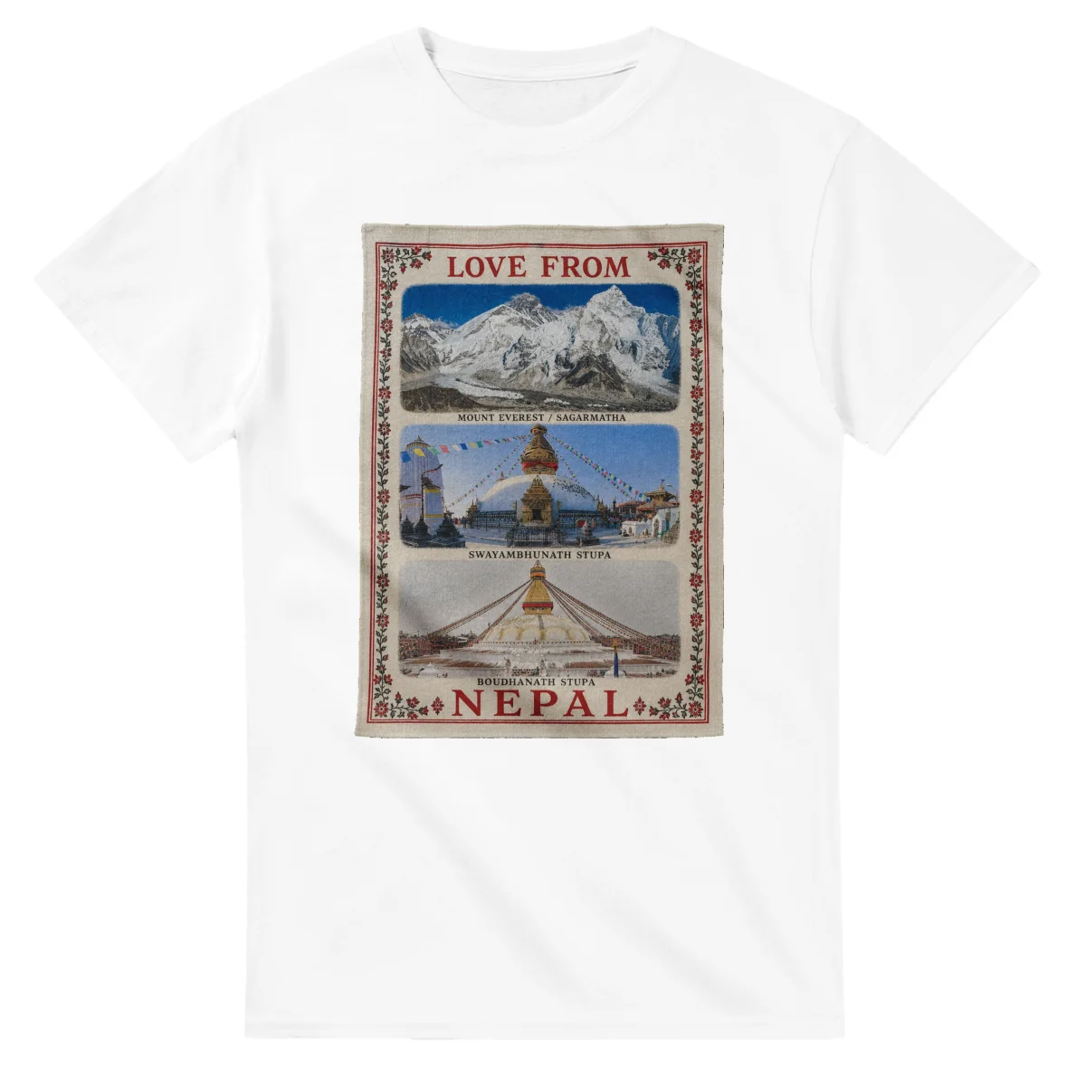 Framed scenic design for Nepal, with several local views, a decorative border and LOVE FROM lettering.